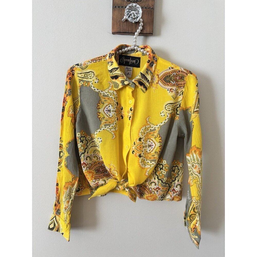 Spoon Jeans Womens Size S Yellow Paisley Blouse Gauzy Tie Front Boho Long Sleeve